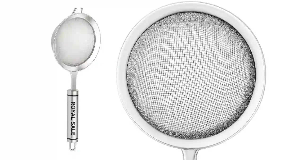 A set of three different-sized stainless steel strainers for kitchen use.